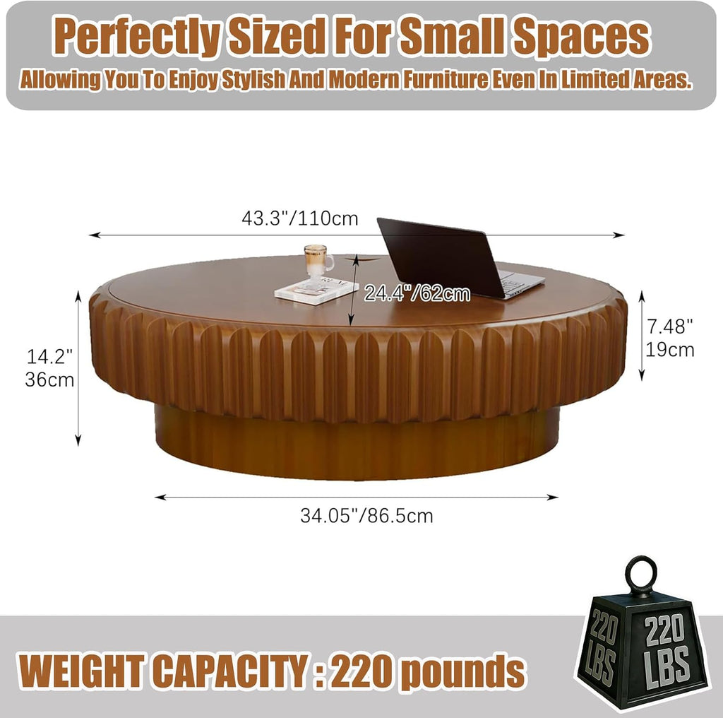 43.3' Oval Drum Coffee Table with Hidden Storage, Modern Fluted Coffee Tables with Solid Wood Veneer, Wooden Center Table for Living Room, Bedroom, Apartment, Easy Assembly