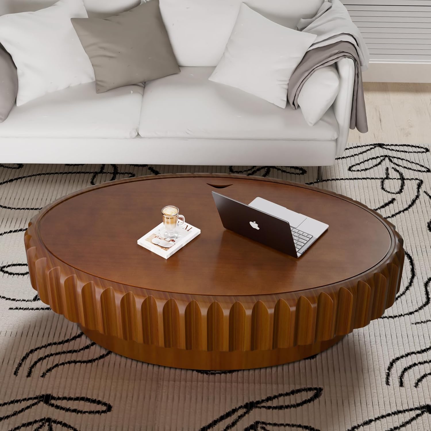 43.3' Oval Drum Coffee Table with Hidden Storage, Modern Fluted Coffee Tables with Solid Wood Veneer, Wooden Center Table for Living Room, Bedroom, Apartment, Easy Assembly