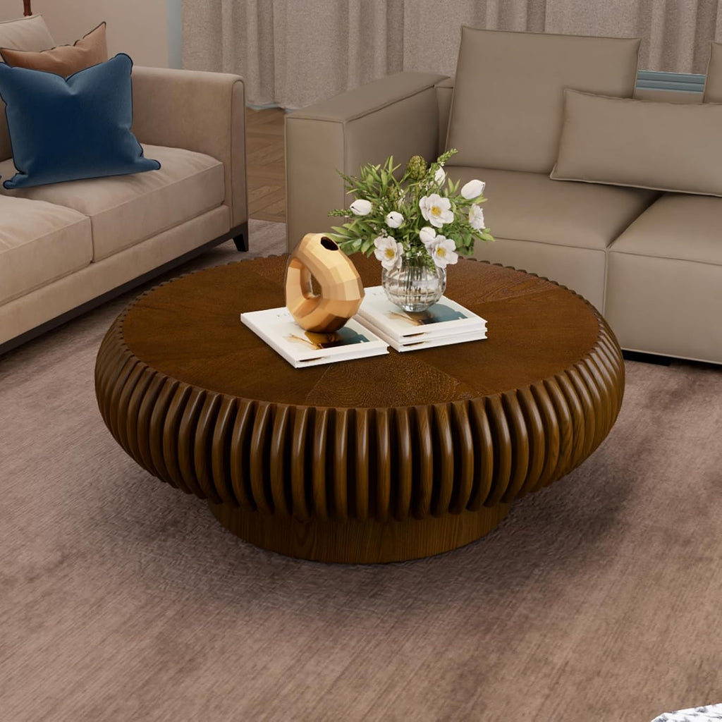 31.5' Round Drum Coffee Table, Modern Fluted Coffee Tables with Solid Wood Veneer, Wooden Circle Center Table for Living Room, Small Spaces, and Apartments, Easy Assembly