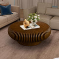 31.5' Round Drum Coffee Table, Modern Fluted Coffee Tables with Solid Wood Veneer, Wooden Circle Center Table for Living Room, Small Spaces, and Apartments, Easy Assembly