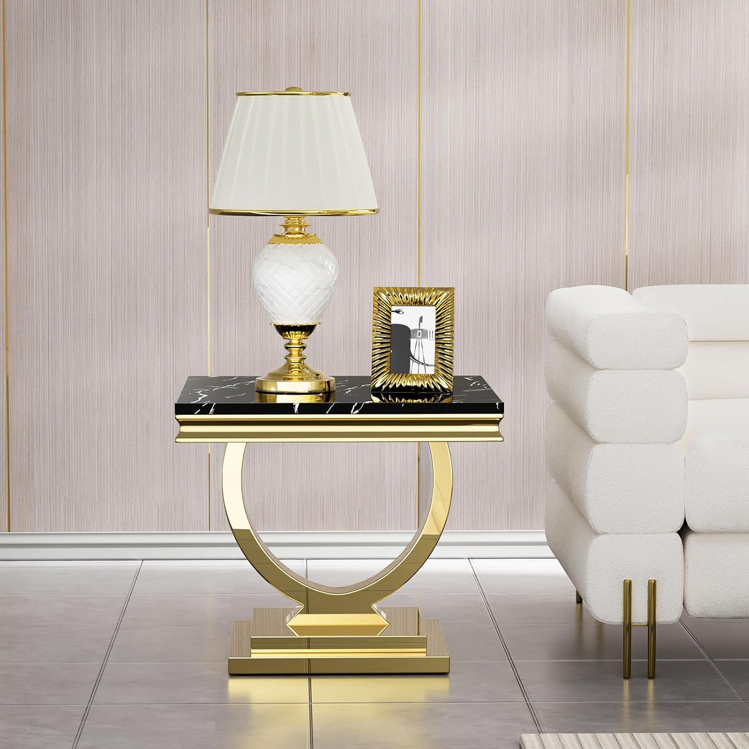 Modern Marble End Table,Luxury Black Faux Marble Side Table with Gold O-Shape Stainless Steel Base,Square End Table Bedside Table Lamp Table Nightstand for Living Room Bedroom