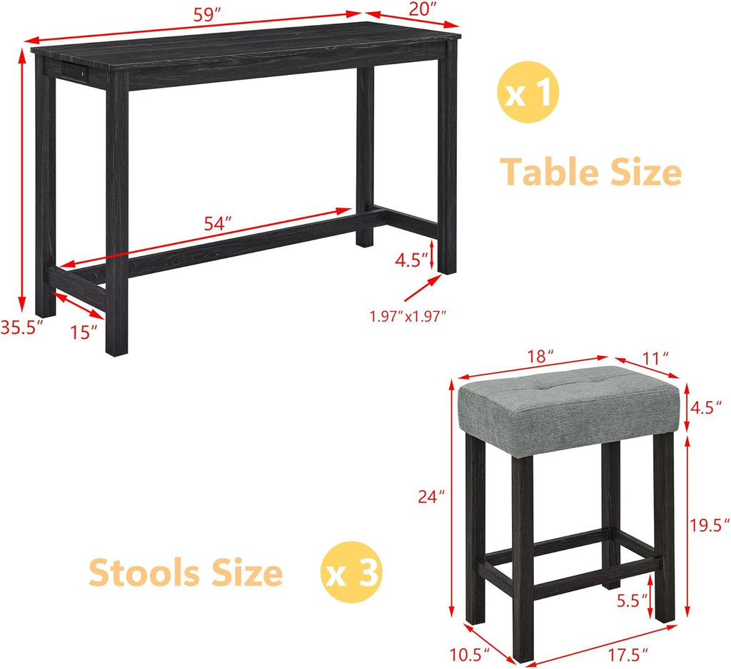 Merax 59' Bar Table Set with Power Outlet,Industrial Breakfast Table with 3 Upholstered Stools w/Footrest,4 Piece Counter Height Bar Table and Chair Set for Living Room,Dining Room,Kitchen,Black