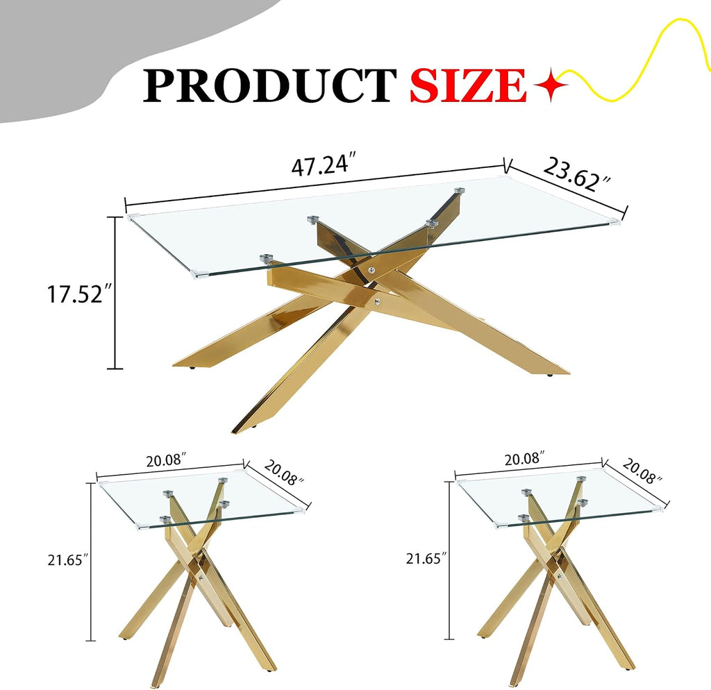 3 Pieces Living Room Table Set, 47' Glass Coffee Table and 2 End Table, Glass Coffee Table Set with Tempered Glass Tabletop and Metal Legs, for Living Room, Leisure, Apartment