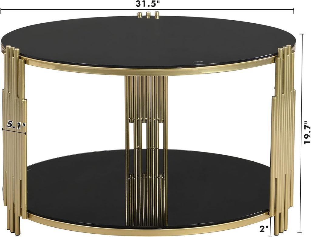 31.5'' Tempered Glass Round Coffee Table for Living Room, 2-Tier Modern Circle Coffee Table, Black Mirror Tabletop & Metal Drum Base, Easy Assembly, Black & Gold