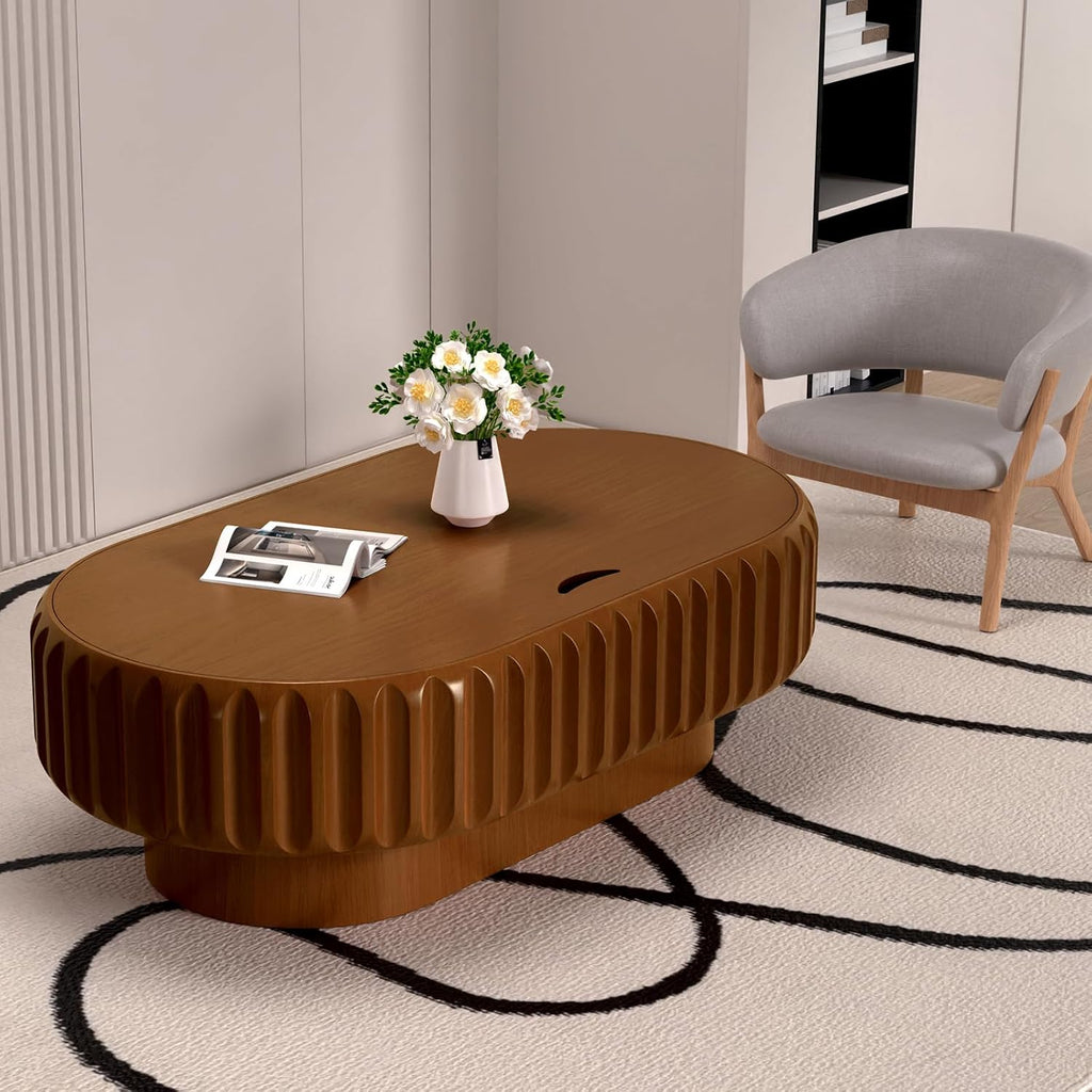 Round Drum Coffee Table White Fluted Coffee Table Circle Center Table Pedestal End Table for Apartment (43.3in)