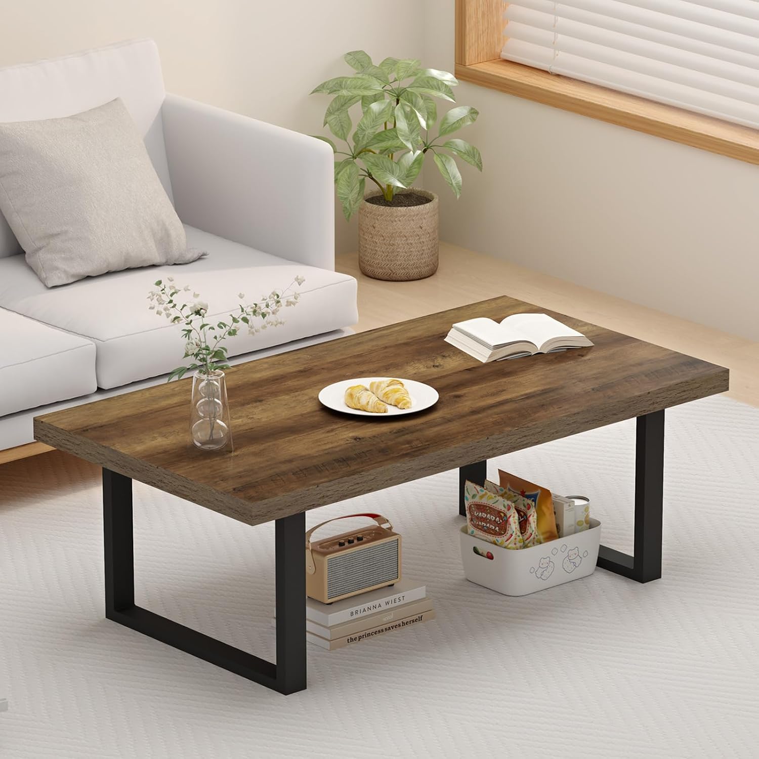 IBF Farmhouse Coffee Table, Modern Coffee Table for Living Room, Simple Industrial Rectangle Center Table, Wood Metal Tea Table for Home Bedroom Office, Rustic Oak, 47 in
