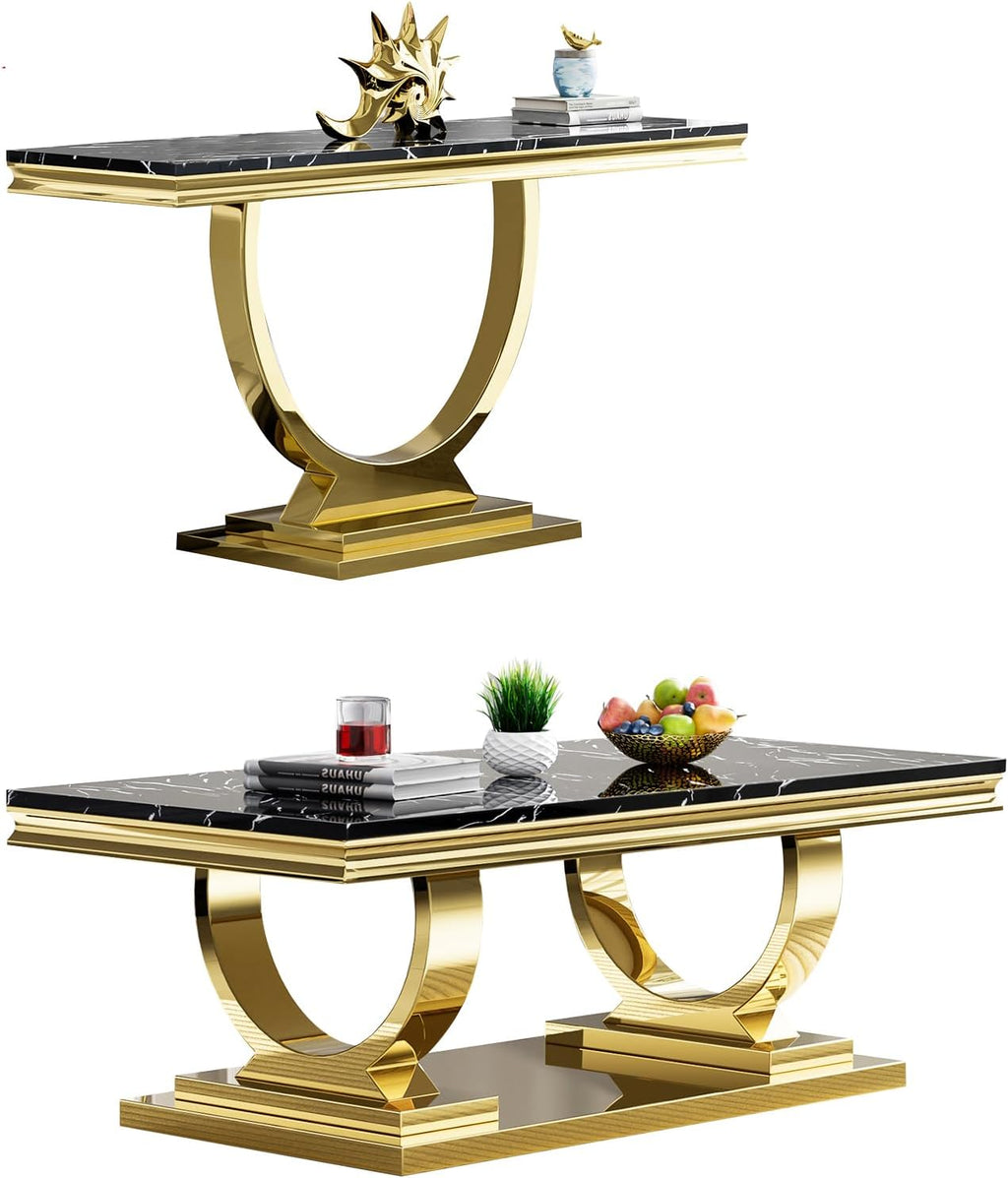 2 Piece Marble Living Room Table Set Modern Black Faux Marble Coffee Table and Console Table with Gold O-Shape Stainless Steel Frame Elegant Coffee Table Set of 2 for Home Office