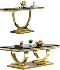 2 Piece Marble Living Room Table Set Modern Black Faux Marble Coffee Table and Console Table with Gold O-Shape Stainless Steel Frame Elegant Coffee Table Set of 2 for Home Office