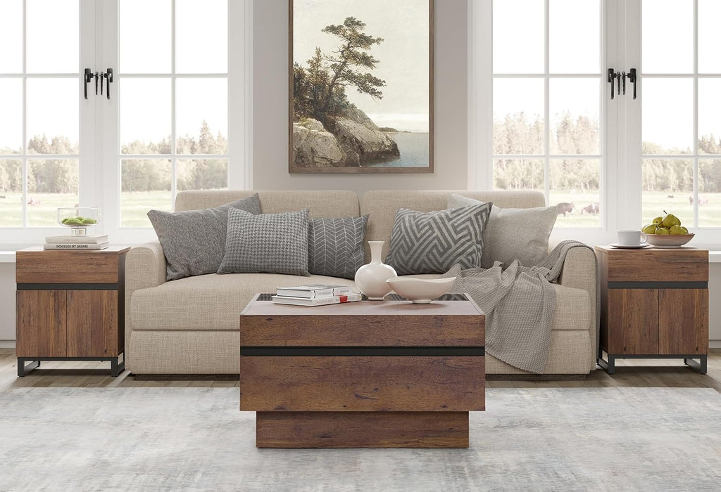 WAMPAT 3 Pieces Living Room Table Set, Modern Coffee Table with Tempered Glass Top, Modern End Table with 1 Drawer & 1 Storage Cabinet for Living Room