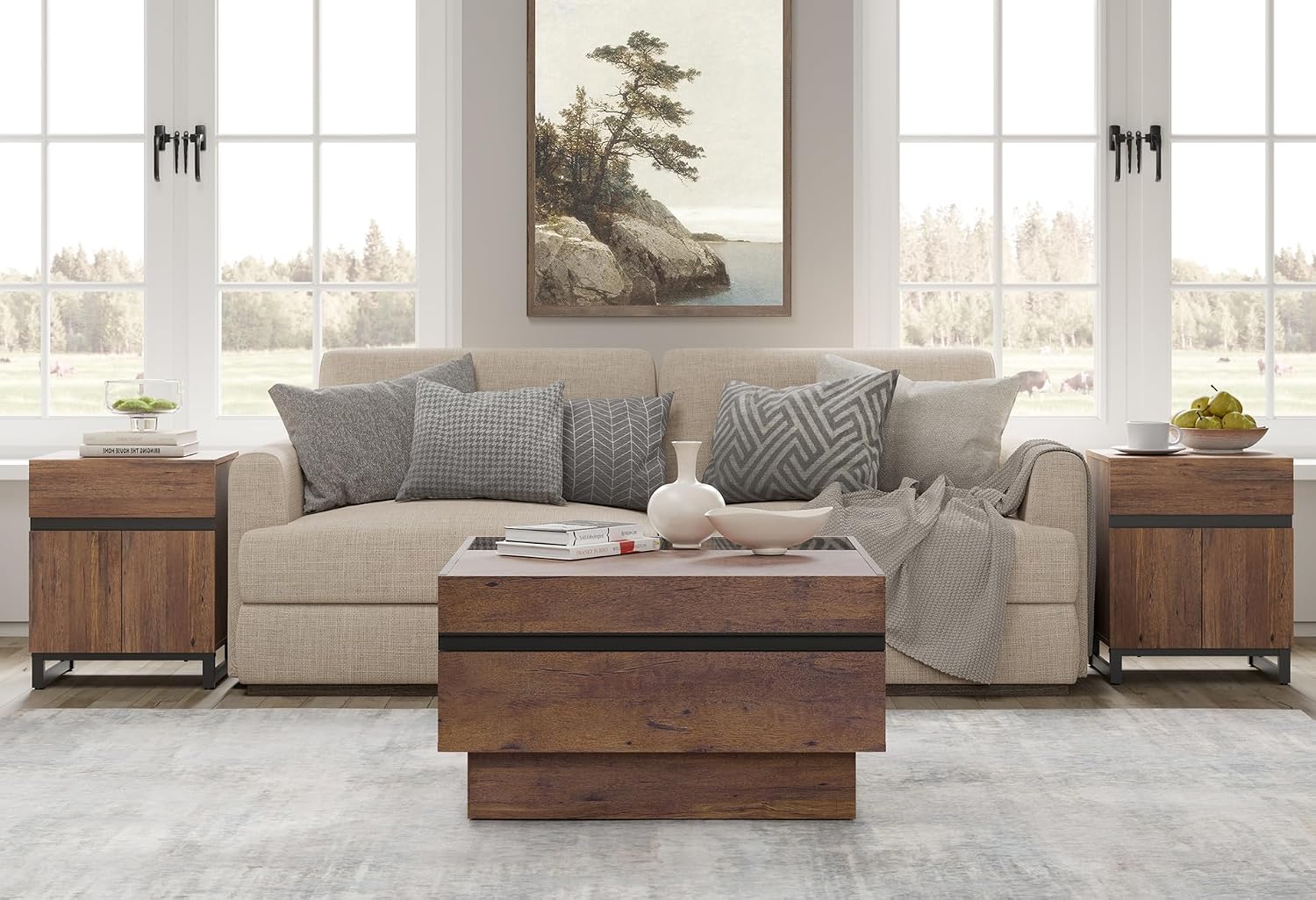WAMPAT 3 Pieces Living Room Table Set, Modern Coffee Table with Tempered Glass Top, Modern End Table with 1 Drawer & 1 Storage Cabinet for Living Room