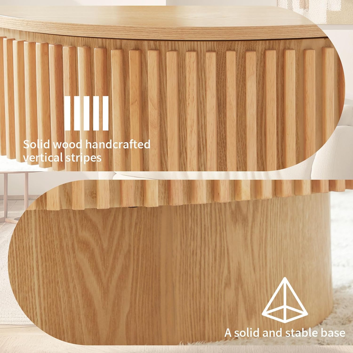 Round Coffee Table with Storage, Small Solid Wood Coffee Table for Living Room, Mid Century Modern Circle Center Tables for Small Space Apartment (31.5''D×14''H-Natural)
