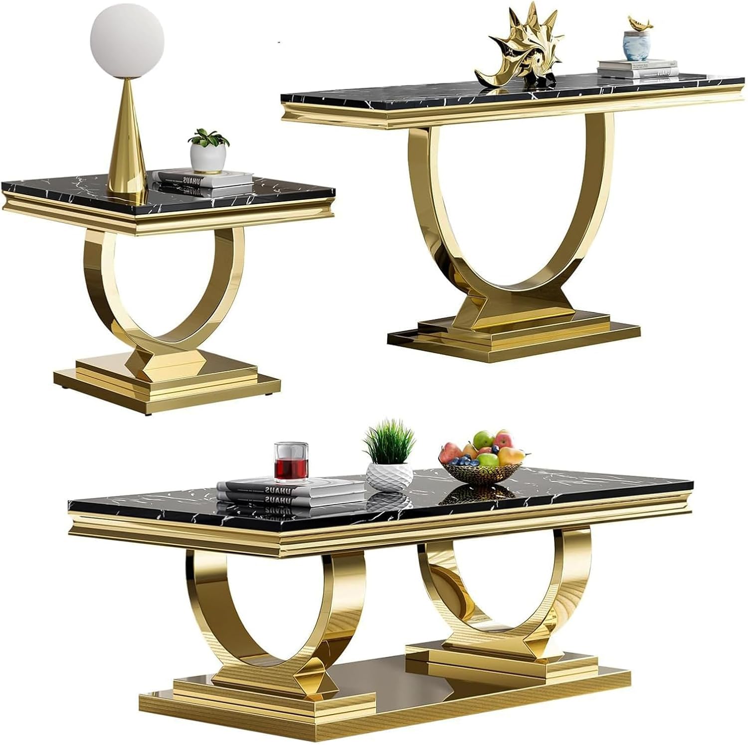 Henf 3 Piece Living Room Table Set, Faux Marble Coffee Table & Console Table & End Table, Luxury Black Gold Coffee Table Set of 3 with Mirrored Stainless Steel Base for Living Room Apartment