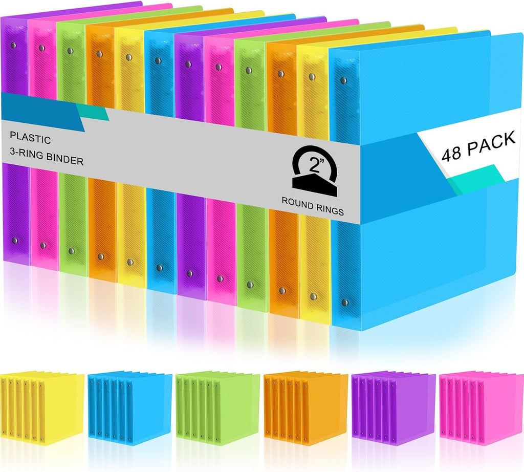 Fulmoon 48 Pack 3 Ring Plastic Binders 2 Inch Bulk with 2 Pockets, Flexible Binder Loose Leaf Hardcover, Fit 12' x 10' US Letter Size Paper, for School Office Home, 6 Colors(Bright)