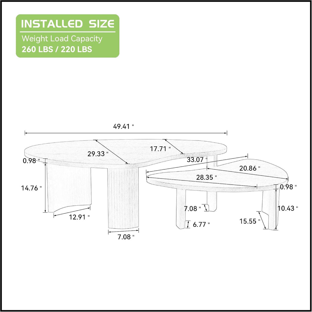 Nesting Coffee Table Set of 2, Modern Irregular Nesting Tables Wooden Center Circle Accent Tea End Side with Fluted Legs for Living Room, Apartment, Office 49.41' W Black