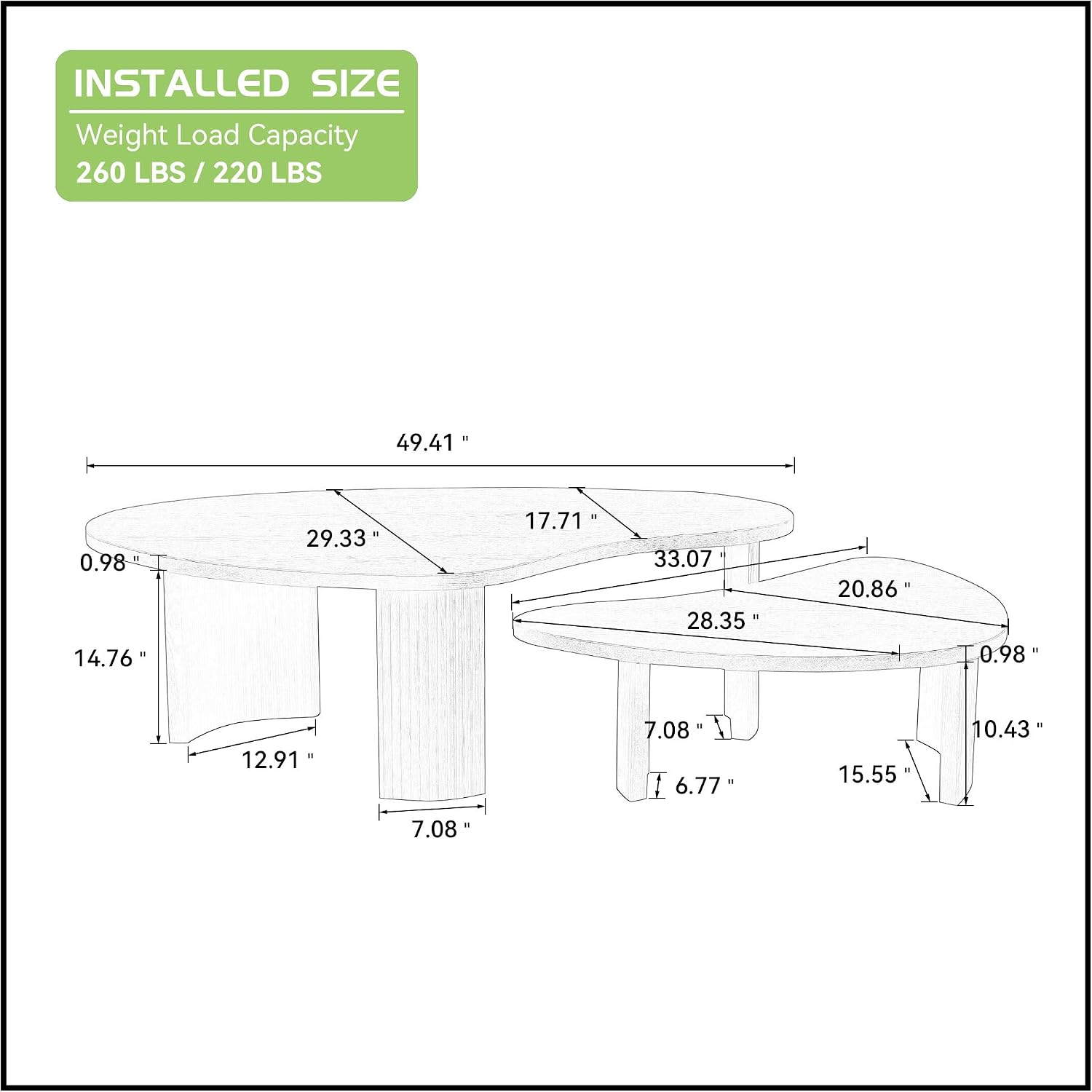 Nesting Coffee Table Set of 2, Modern Irregular Nesting Tables Wooden Center Circle Accent Tea End Side with Fluted Legs for Living Room, Apartment, Office 49.41' W Black