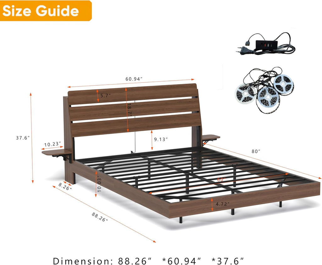 Floating Bed Frame Queen with LED Lights - Wooden Bed Frame with RGB Lighting & Charging Station for Modern Bedroom - Tech Enthusiasts Smart Home Furniture with Foldable Tabletops & App Contro