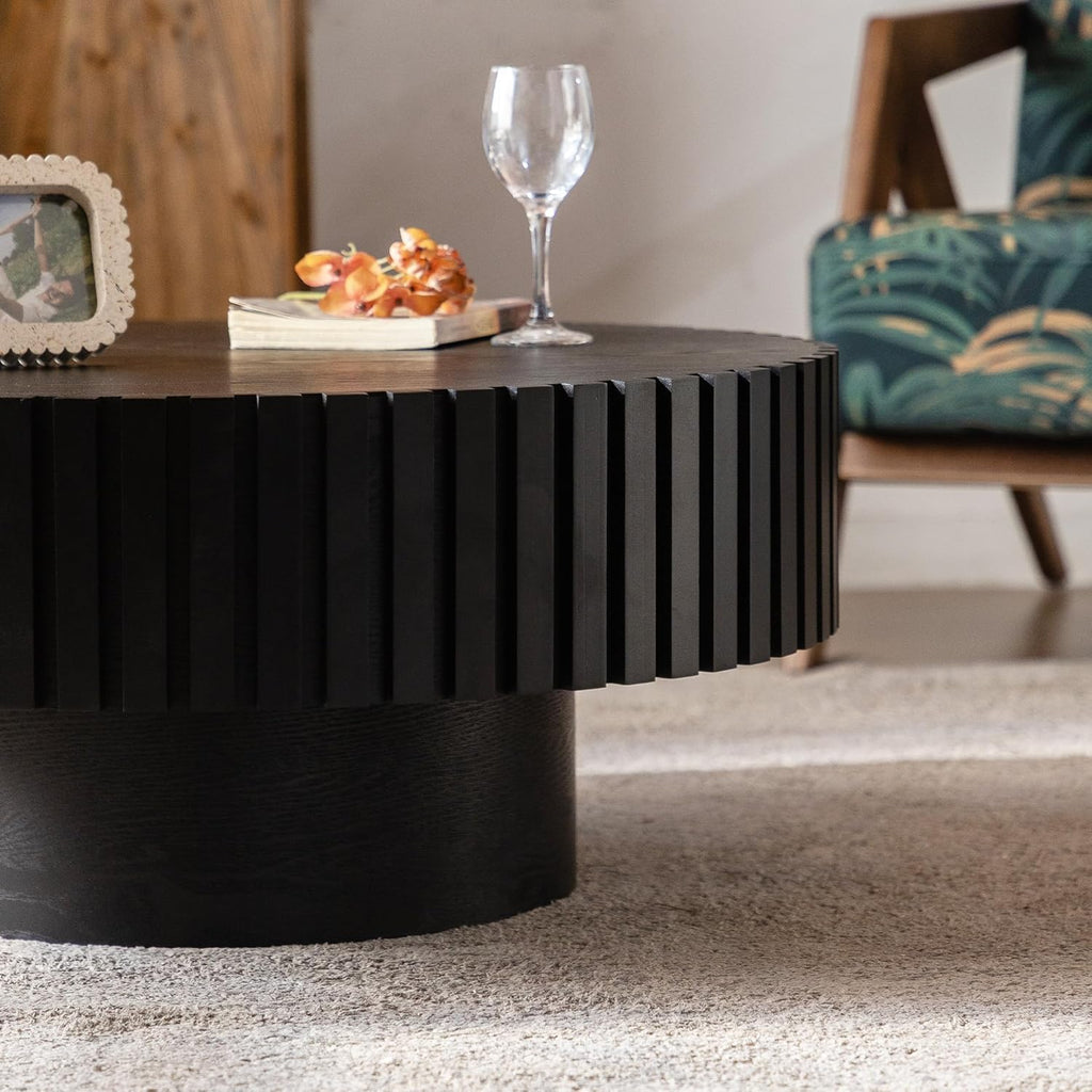 Round Fluted Coffee Table Round Drum Coffee Table for Living Room Modern Circular Pedestal Center Table (Circle Black 31.5in)