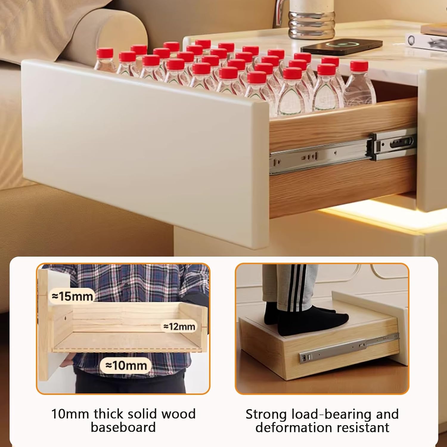 White Night Stand, Modern Nightstand with Touch-Sensitive Tri-Color Lighting & Slab Tabletop, Solid Wood, Concave Cabinet Legs