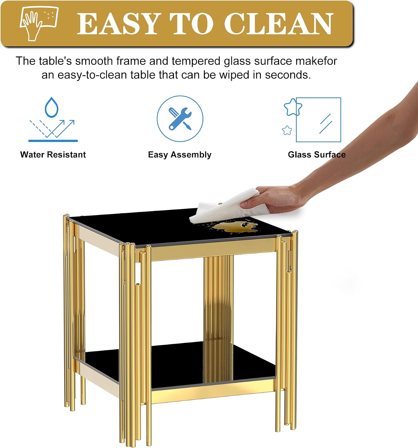 AF ARTISAN FURNITURE 2-Tier Glass End Table Modern Square Living Room Table Sofa Side Table, Stainless Steel Metal Leg Tempered Glass Small Corner Table, Black&Gold