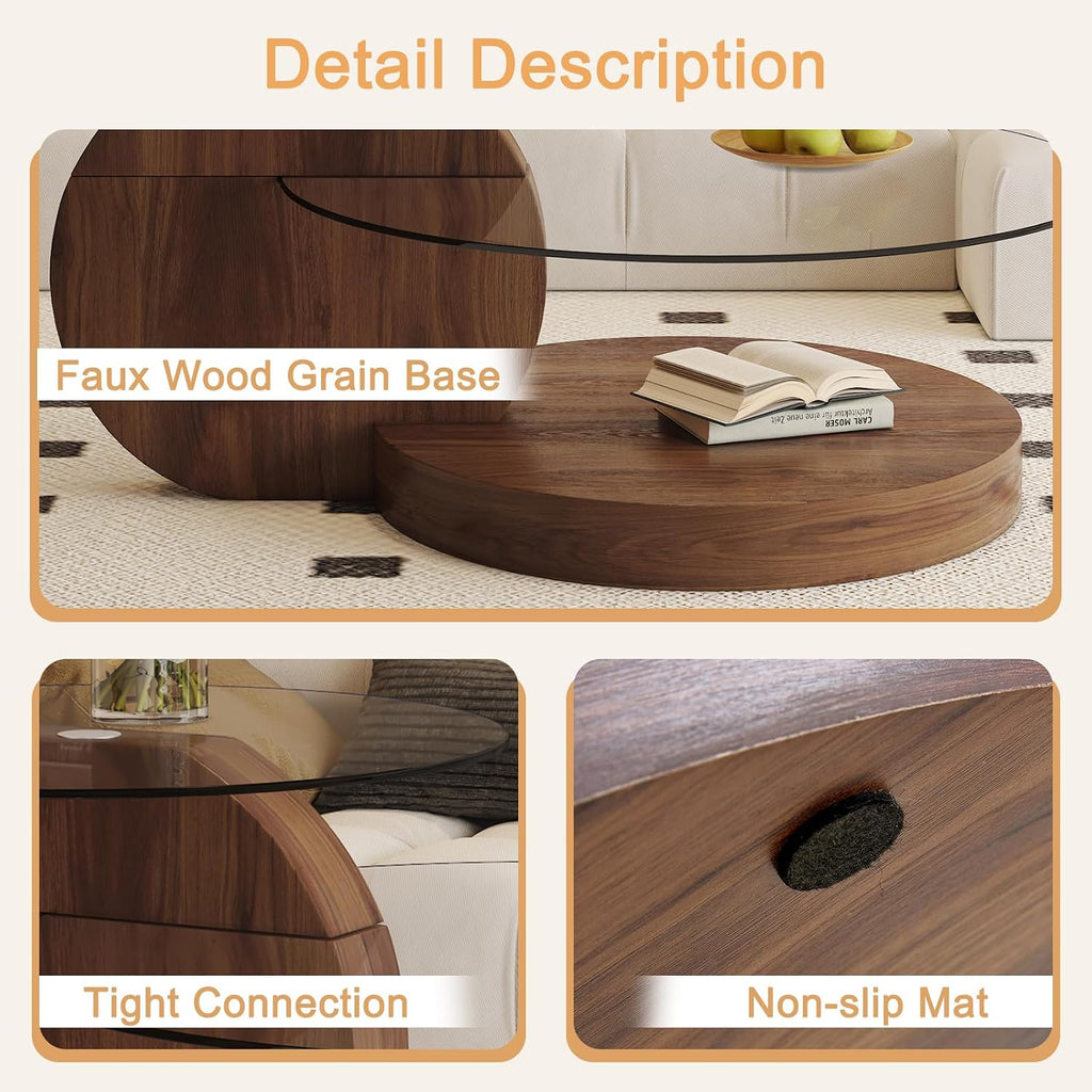 Glass Coffee Table 3 Tier Round Coffee Tables Tempered Clear Glass Top and Wood Table with Storage Modern Circle Coffee Table for Living Room(42' Dark Brown)