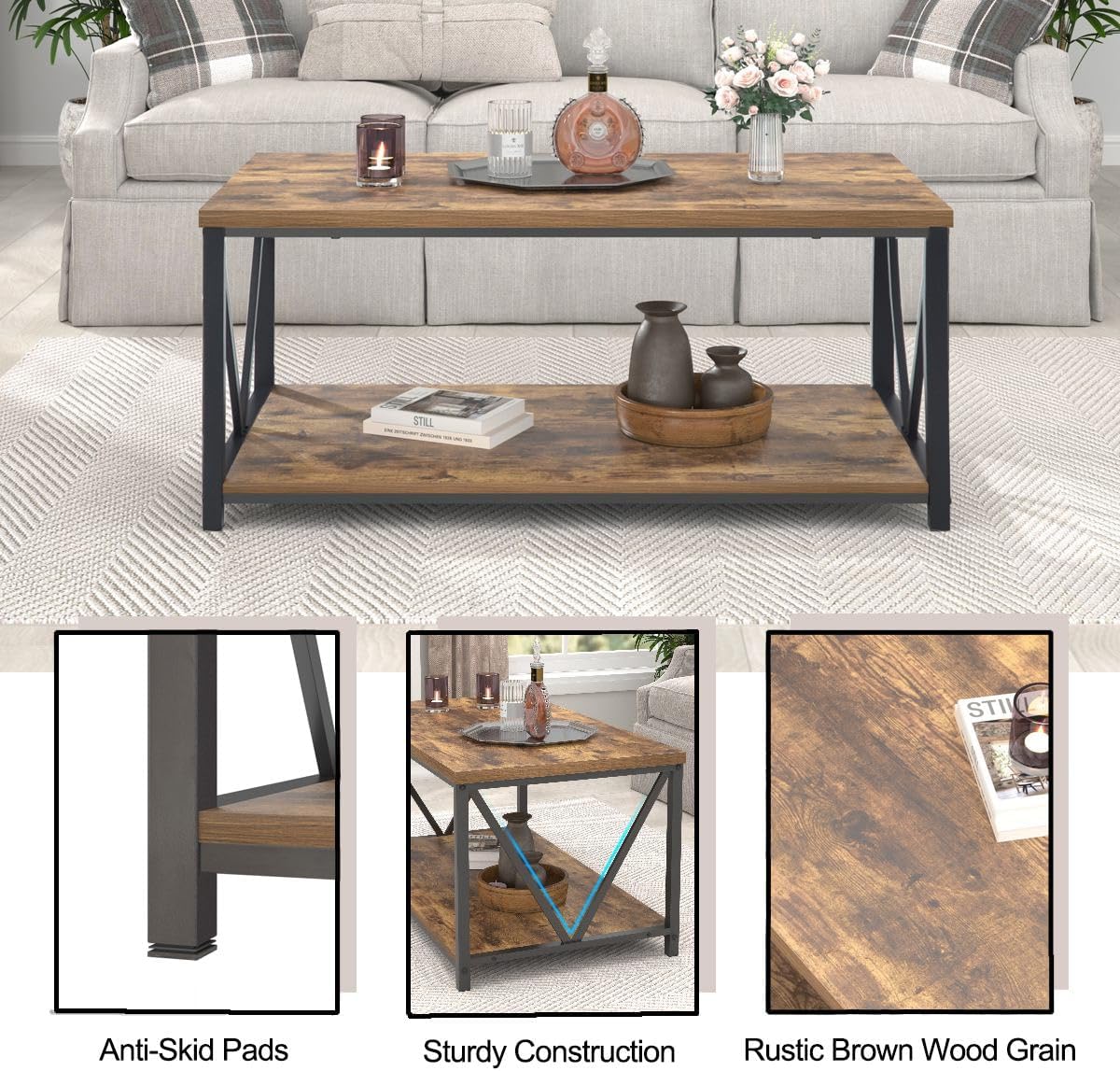EXCEFUR Modern Coffee Table, Industrial Metal and Wood Living Room Table with Storage Shelf, Rustic Brown