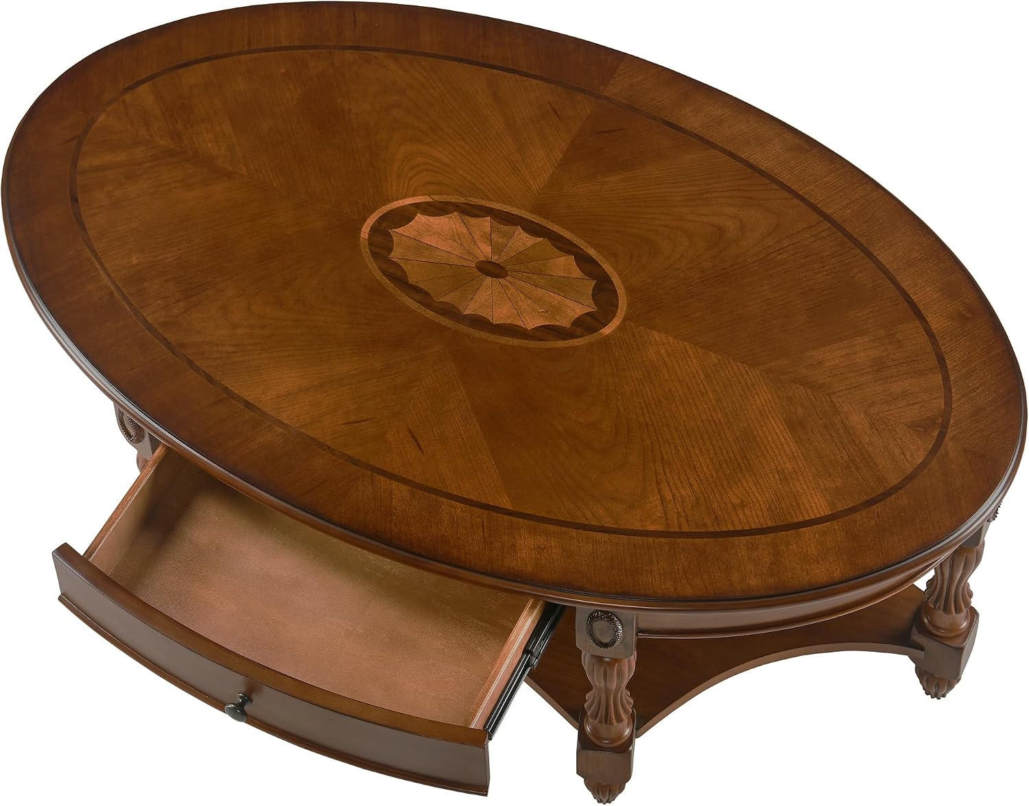Solid Wood Coffee Table with Drawer and Storage Shelf, Oval Living Room Cocktail Tea Table, Traditional Center Table with Carvings Side Elegant Vintage 45'L x 27.6'Wx18.2'H Caramel Brown KFZ-1533-MG