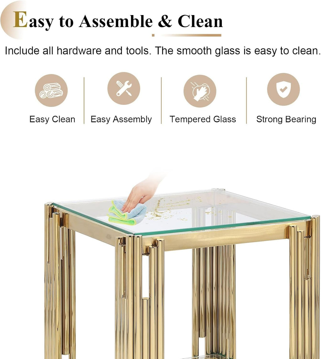 Luxury Gold Glass End Table,Sqaure Sofa Side Table with Shiny Geometric Stainless Steel Base,Clear Glass Accent End Table Bedside Table Nightstand for Living Room Bedroom Office