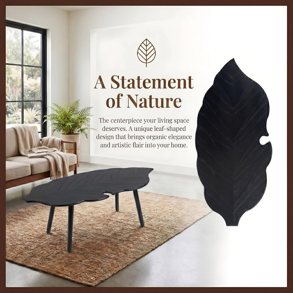 HNY Modern Coffee Table for Living Room, Black Wood Coffee Table Farmhouse Center Table Vivid Leaf Table End Table with Rustic Grain Side Table with Wood Leg for Bedroom Office Cafe Small Space