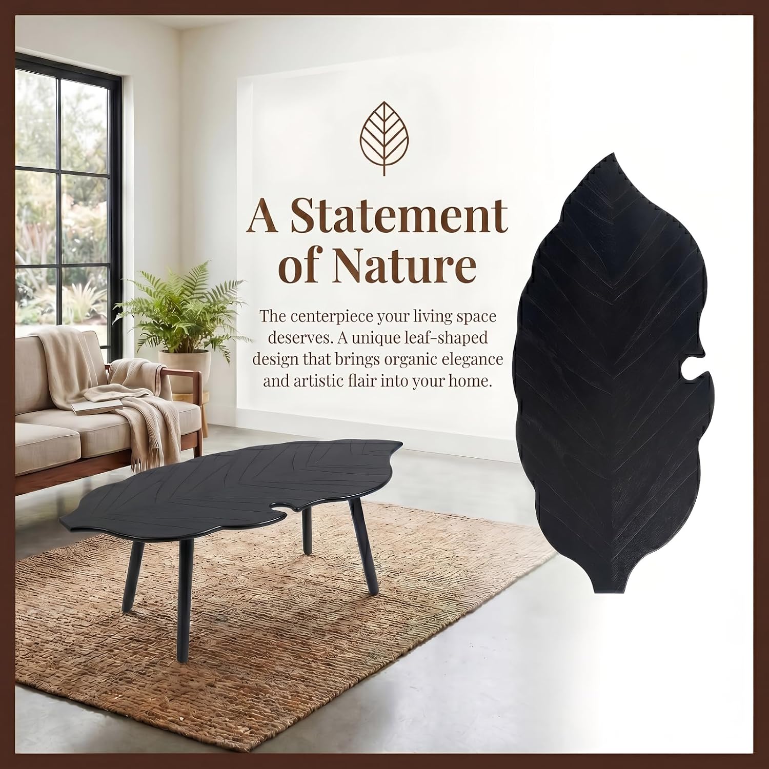 HNY Modern Coffee Table for Living Room, Black Wood Coffee Table Farmhouse Center Table Vivid Leaf Table End Table with Rustic Grain Side Table with Wood Leg for Bedroom Office Cafe Small Space