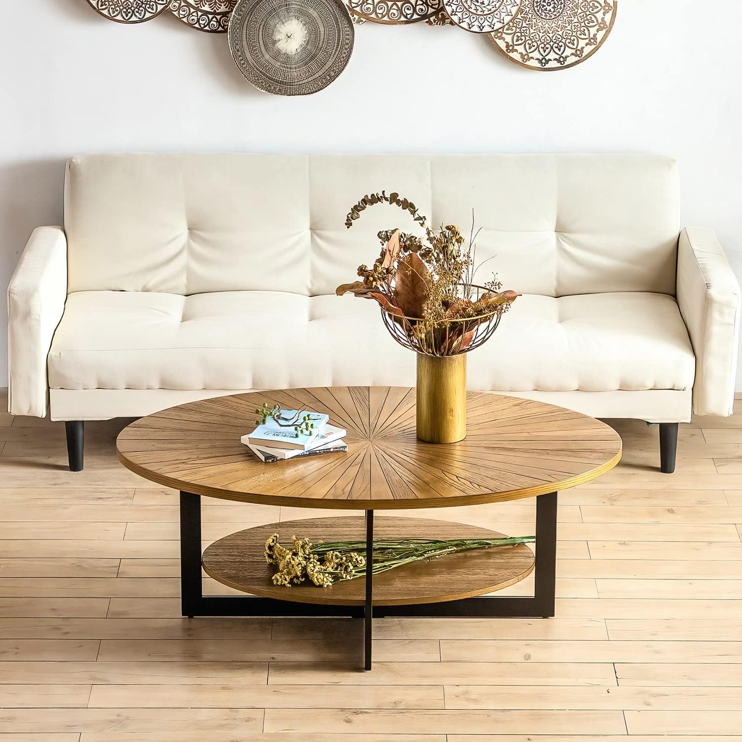 Wood Oval Coffee Table for Living Room, 2 Tier Circle Rustic Coffee Table with Storage Shelf ＆ Metal Legs for Apartment, Easy Assembly (Espresso,47' Dx30 Wx18 H)