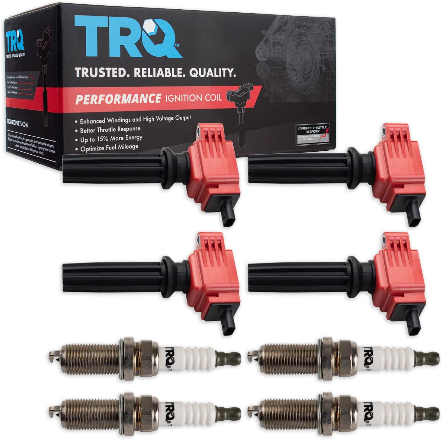 TRQ Ignition Coil and Spark Plug Kit 8 Piece Iridium Spark Plugs Compatible with 2017-2018 Fusion 2018-2021 EcoSport