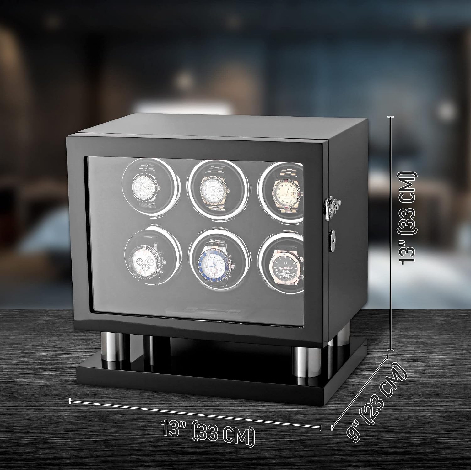 Watch Winder for 6 Watches with LED Light, LCD Display and Motor-Stop Option