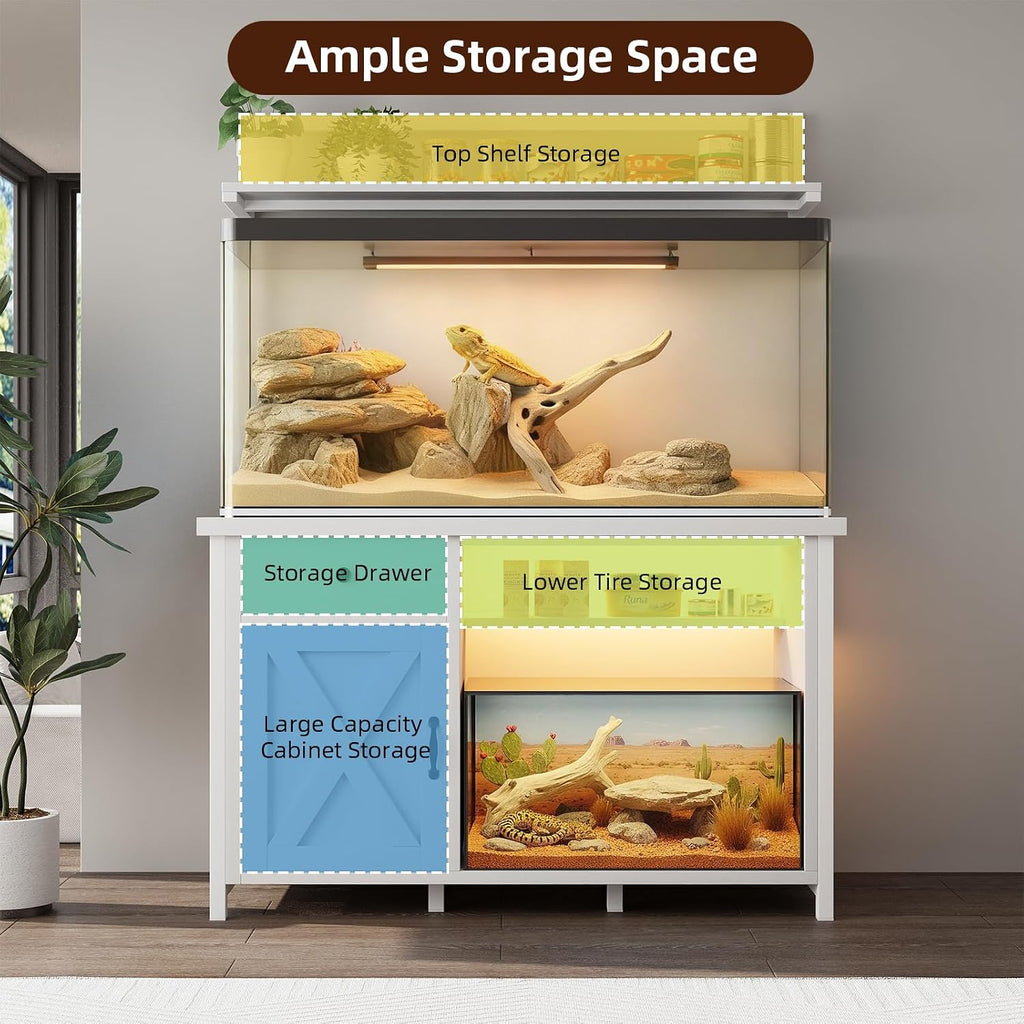 Reptile Tank Stand with Power Outlet, Terrarium Stand with Storage Cabinet, 49' X 20' Tabletop, Aquarium Stand with LED Lights, Reptile Terrarium,Turtle Tank, 1100LBS, White