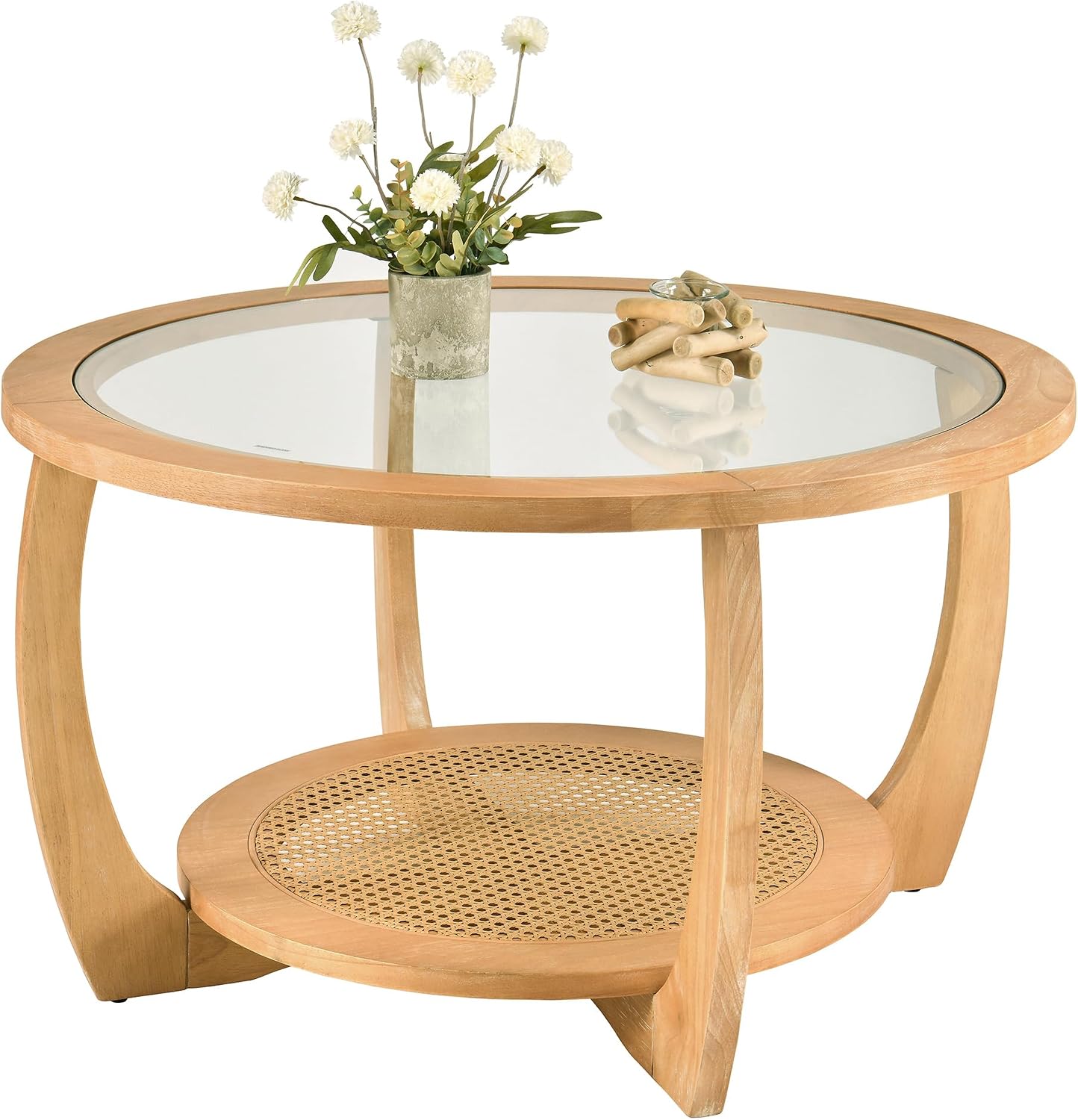 Round Wood Coffee Table with Glass Top, Solid Wooden Circle Center Table with Curved Legs and Handmade Rattan Storage Shelf, Farmhouse Cocktail Table for Living Room, Light Brown 32.28' x 18'