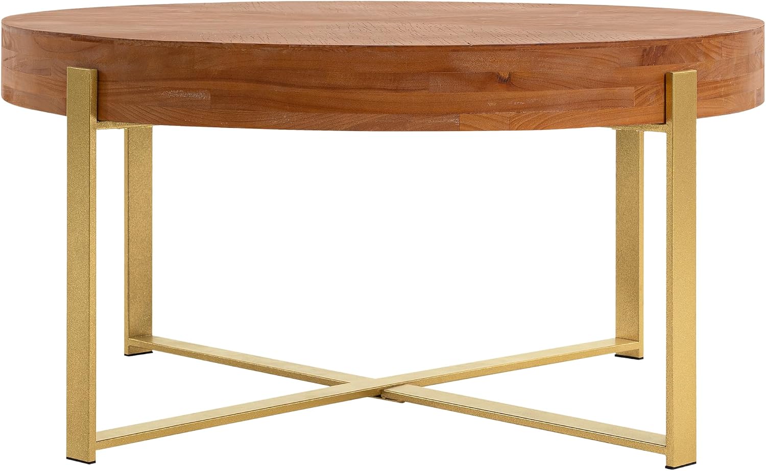 Setawix Farmhouse Round Coffee Table for Living Room, 33.86' Small Side End Table, Wood Retro Splicing Coffee Table, Modern Accent Coffee Table Entry Way Table with Gold Metal Cross Leg