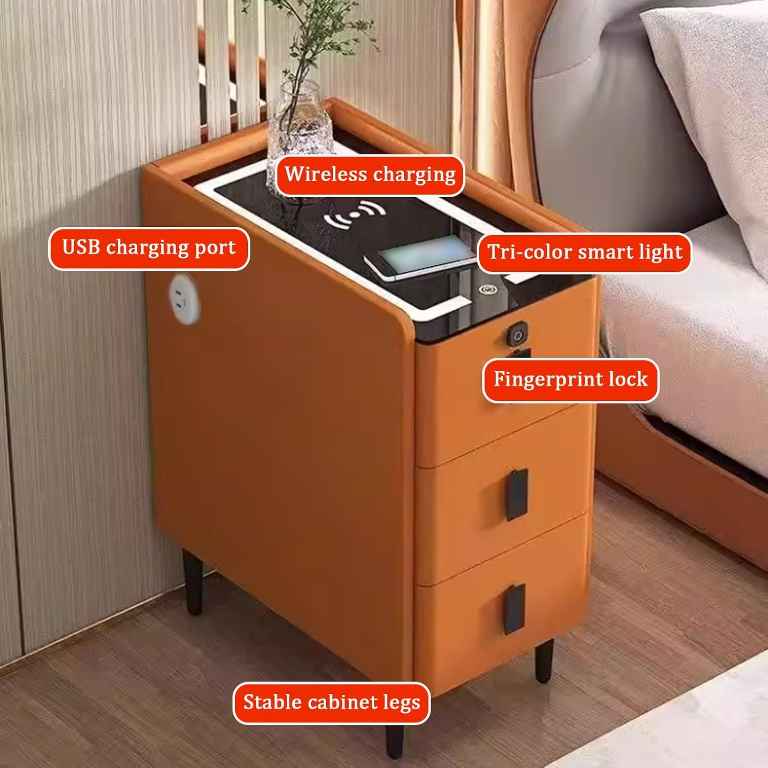 Narrow Nightstand, Smart Nightstand with Fingerprint Locks & Wireless Charging, Tempered Glass Tabletop for Valuables
