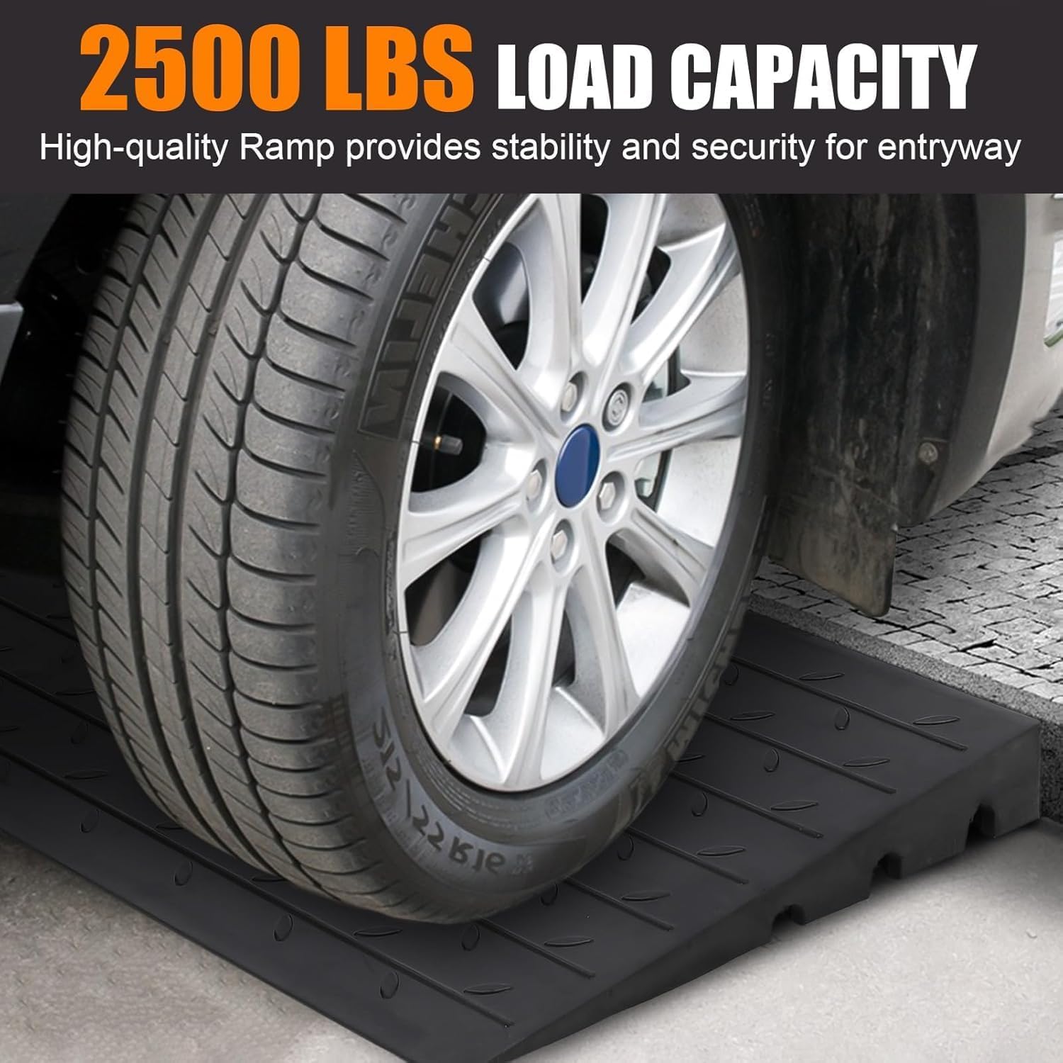 Rubber Threshold Ramp, 4' Rise Threshold Ramp Doorway, 3 Channels Cord Cover Solid Wheelchair Ramp, Rubber Angled Entry Rated 2500 Lbs Load Capacity for Doorways, Wheelchair, Scooter, Cars