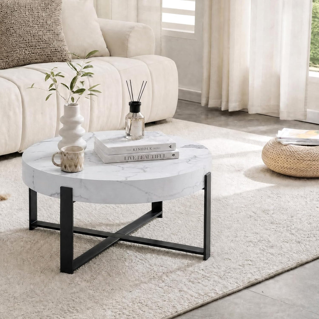 Round Coffee Table, Small Wood Coffee Table with Storage, Modern Wood Circle Table with Metal Frame, Round Accent Center Tables for Living Room Apartment Small Space