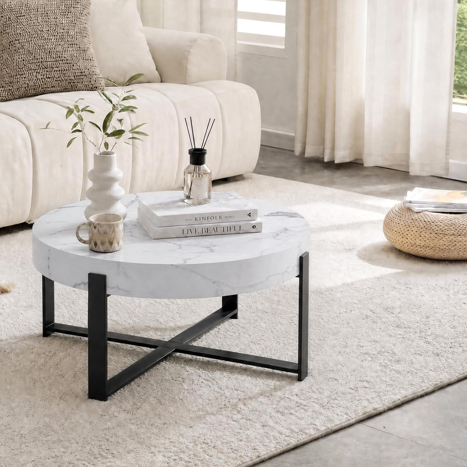 Round Coffee Table, Small Wood Coffee Table with Storage, Modern Wood Circle Table with Metal Frame, Round Accent Center Tables for Living Room Apartment Small Space