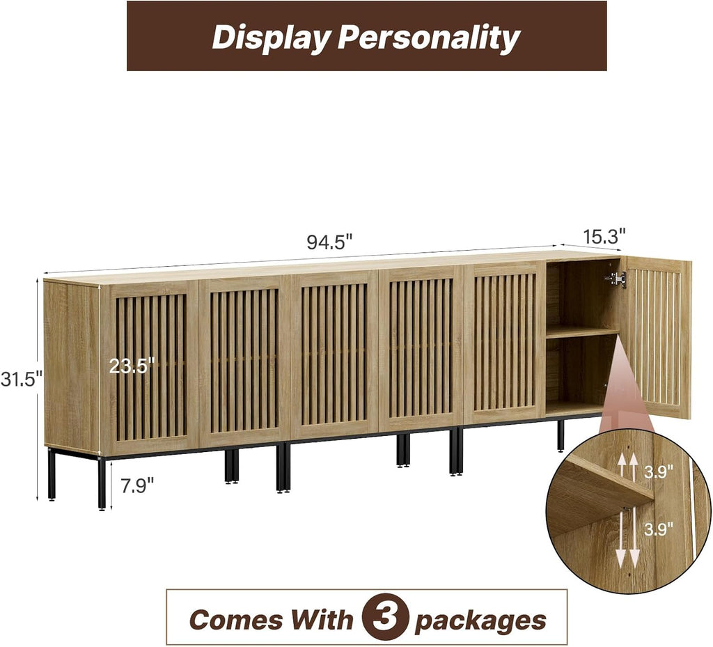 BVIUNTWO Buffet Cabinet with Storage,Set of 3 Farmhouse Console Table with Metal Base and Adjustable Shelves,Sideboard Coffee Bar Cabinet with 6 Doors for Dining Room,Living Room,Oak