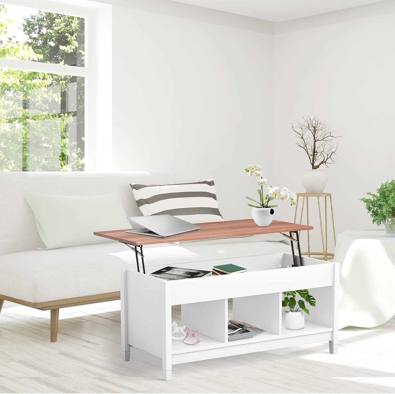 COSTWAY Lift Top Coffee Table, with Hidden Storage Compartment & 3 Open Shelves, Rectangular Cocktail Tea Table with Solid Wood Legs for Living Room Reception Room (White)