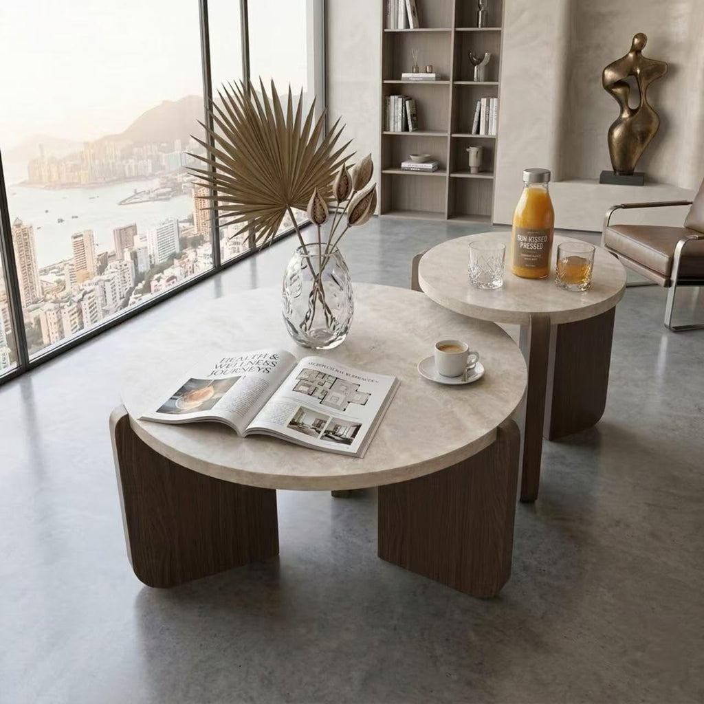 HOMPUS Modern Coffee Table Set of 2, Round Faux Marble Coffee Table and End Table Set, Farmhouse Living Room Table Set with Wooden Legs for Apartment, Small Space, Home Office