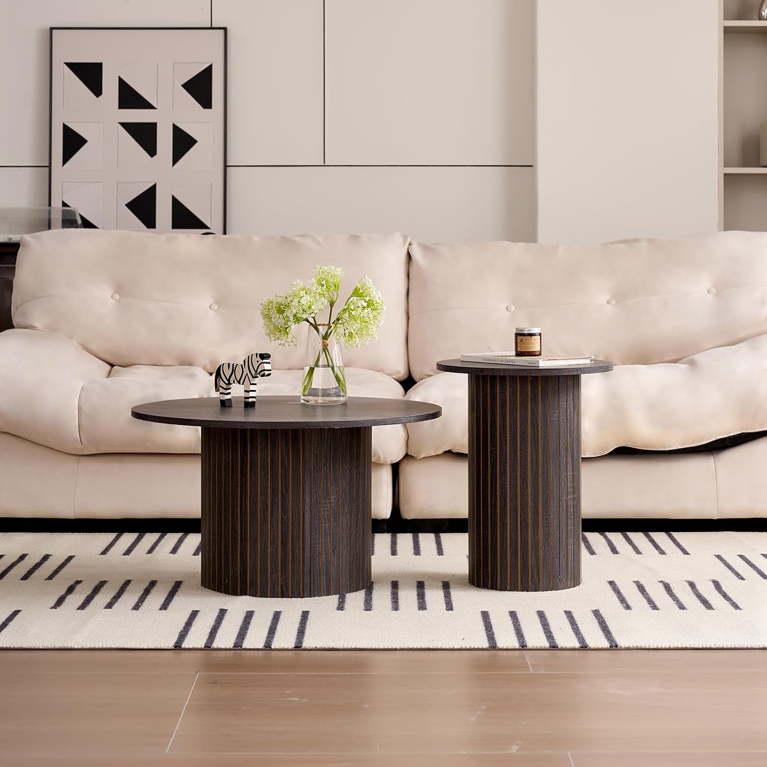 Round Coffee Tables Set of 2, Circle Modern Small Wood Side Table with Fluted Style Drum Base for Living Room Bedroom Balcony Office, Balck