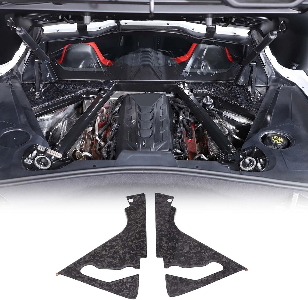 Real Carbon Fiber Engine Bay Panel Cover Compatible with Chevrolet Corvette C8 2020-2026, Front Hood Lift Supports Shock Struts Base Trim Cover Accessories 2Pcs (Forged Grain)
