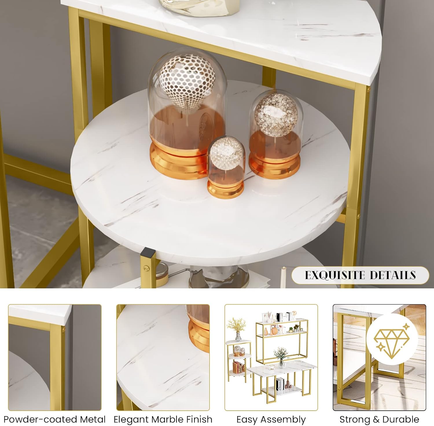 Lamerge Living Room Table Set of 3,Faux Marble Coffee Table & 3-Tier Side Table & Console Tables,Modern Table Set with Gold Metal Frame, White &Gold, Rectangle with Console (LLRT-WG)