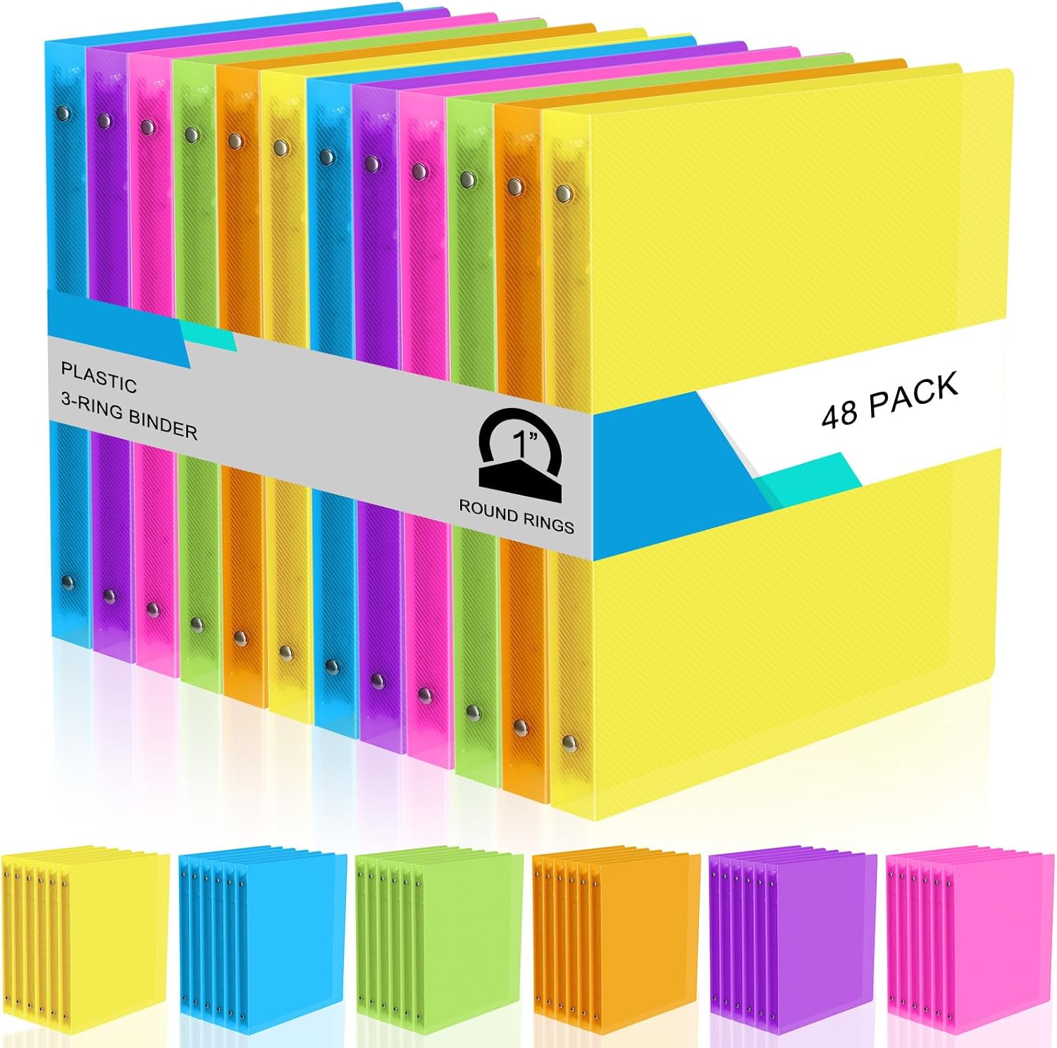 Fulmoon 48 Pack 3 Ring Plastic Binders 1 Inch Bulk with 2 Pockets, Flexible Binder Loose Leaf Hardcover, Fit 12' x 10' US Letter Size Paper, for School Office Home, 6 Colors (Bright)
