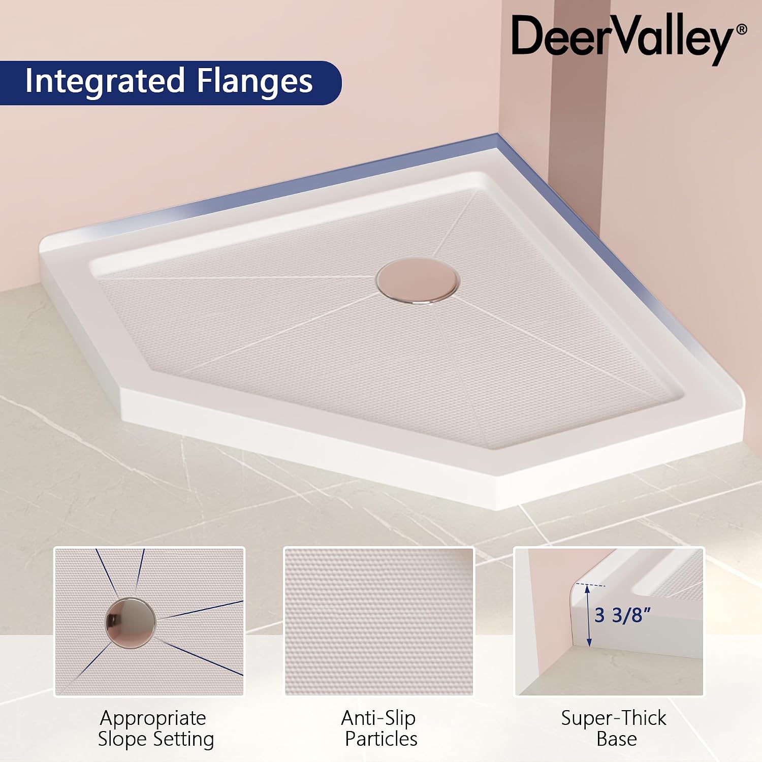 DeerValley 36'L X 36'W Neo-Angle Shower Base, White Single Threshold Acrylic Corner Shower Base, Non-Slip Textured Surface Bathroom Shower Floor Pan