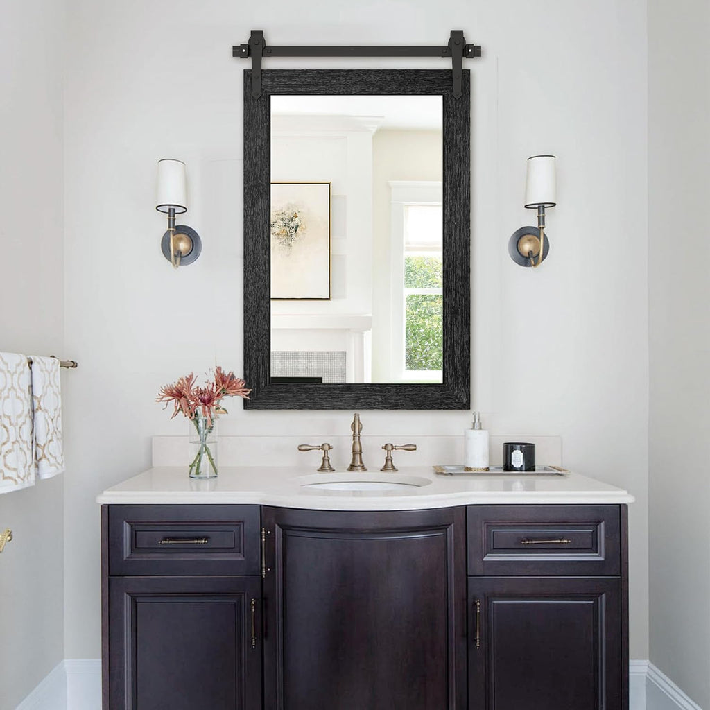 Farmhouse Bathroom Mirrors 26'x40' Black Rustic Wall Decor Mirror for Vanity Barn Door Style Wall Mirror for Entryway Living Room
