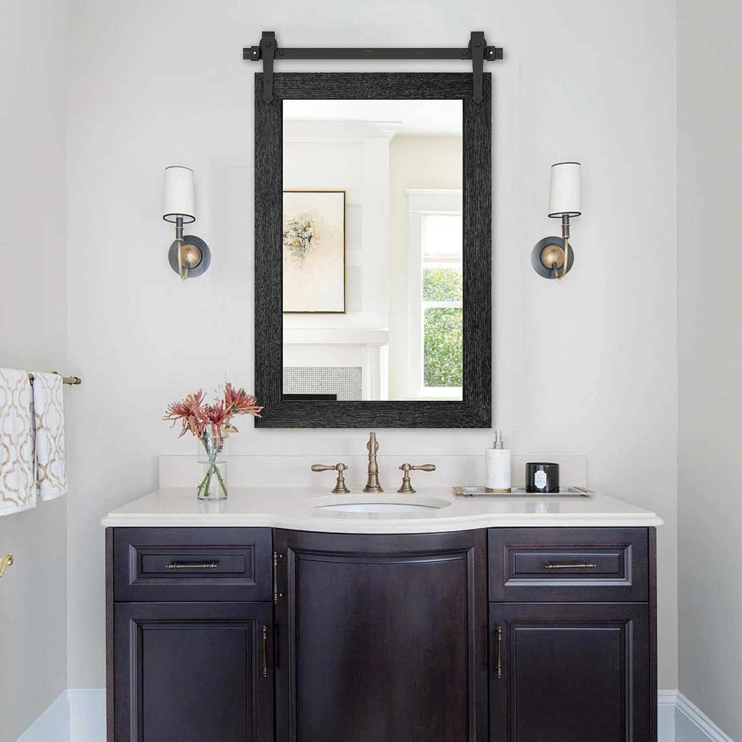 Farmhouse Bathroom Mirrors 26'x40' Black Rustic Wall Decor Mirror for Vanity Barn Door Style Wall Mirror for Entryway Living Room