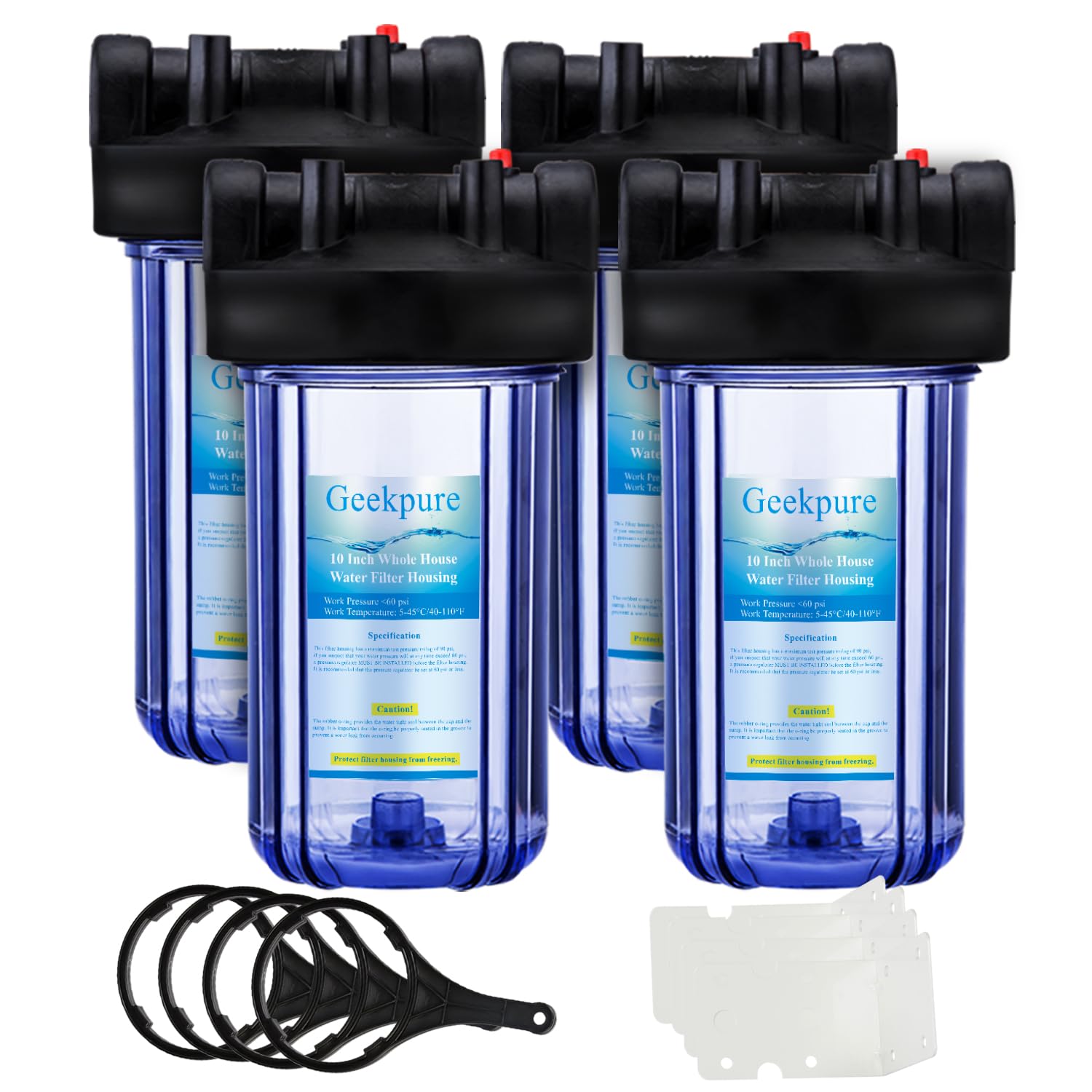 Geekpure 10-Inch Whole House Water Filter Housing 3/4' Port with Wrench and Bracket -4.5'x10'-Clear Pack of 4